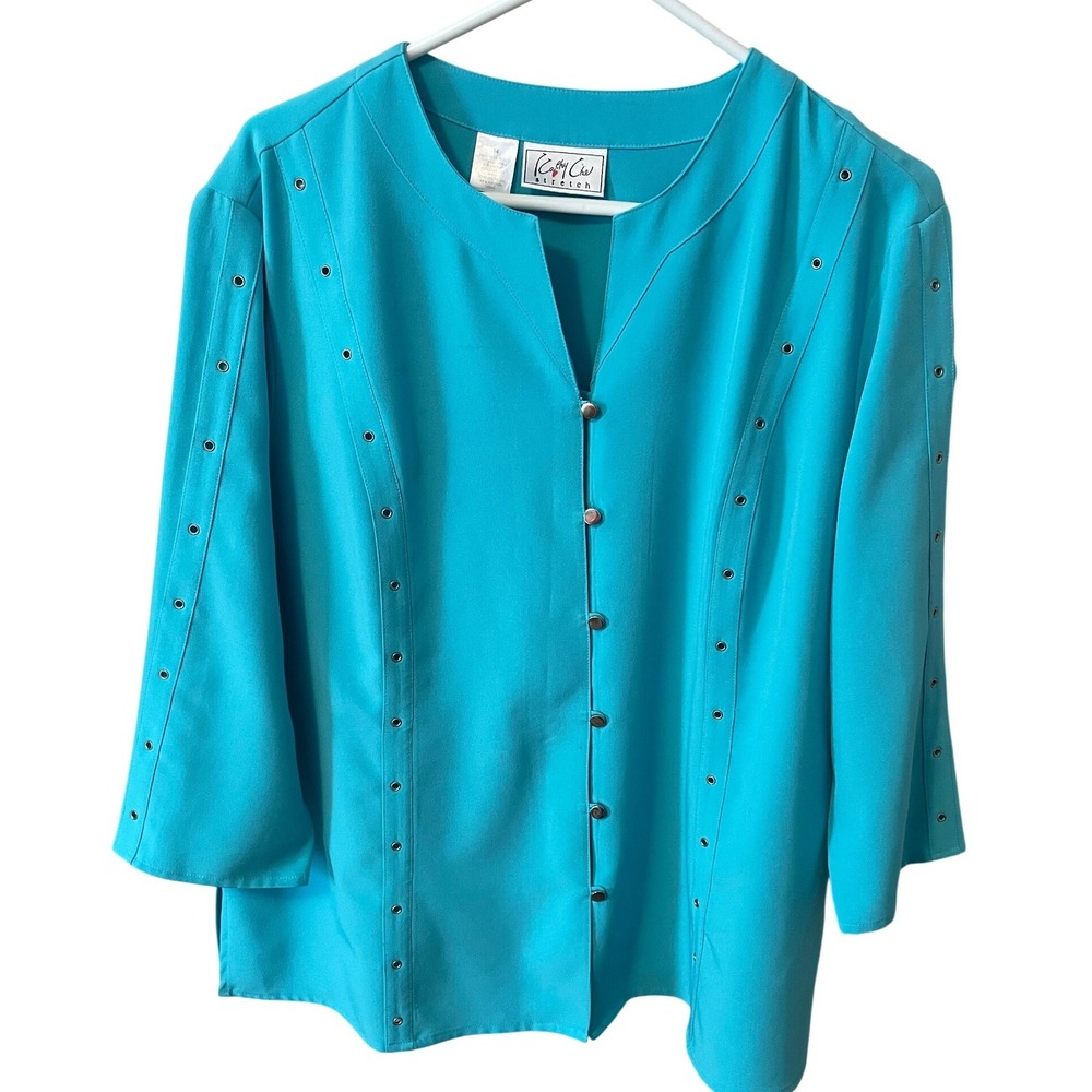 Cathy Che Stretch‎ Turquoise Blue Grommet Button Front Blouse Top Womens 14